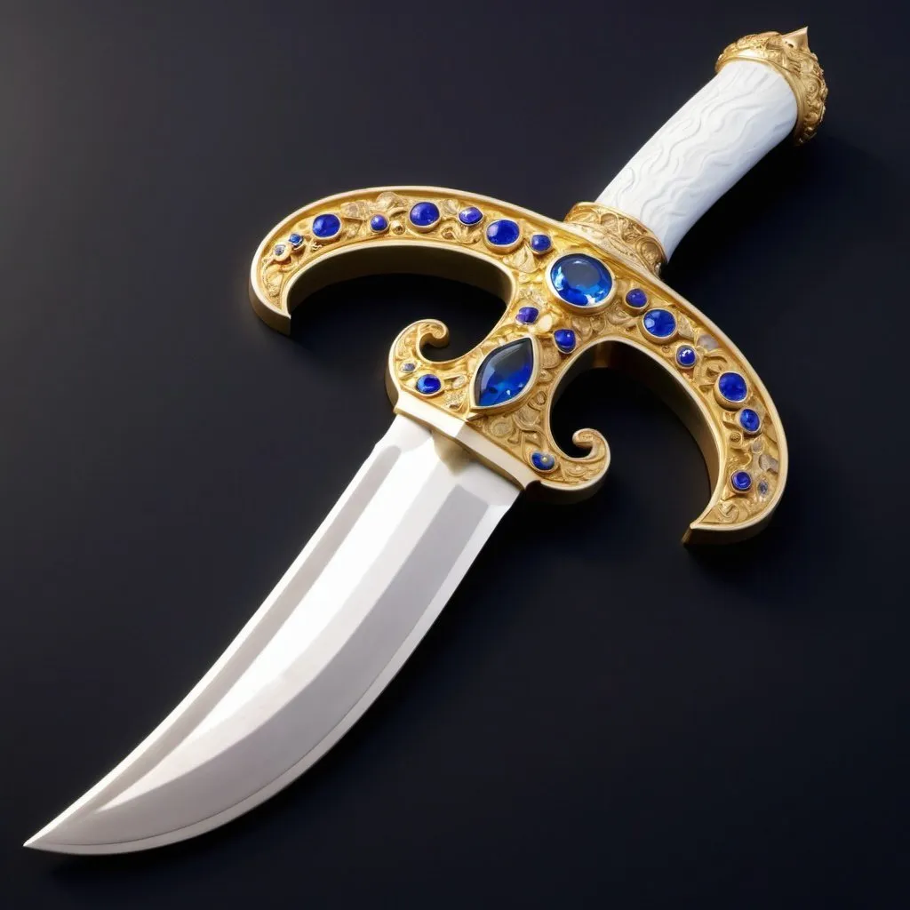 Prompt: scimitar made out of gold with precious stones ornements,white handle,blue flame on the blade