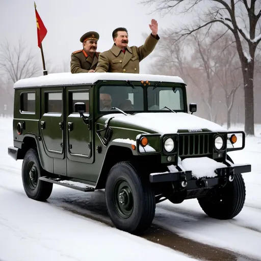 Prompt: Stalin riding a Hummer during a snow storm