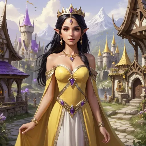 Prompt: princess,elf,female,black hair,brown eyes,yellow and white dress,silver crown with precious stones ornements,staff gold with amethysth at the end,gorgeous,elves village background