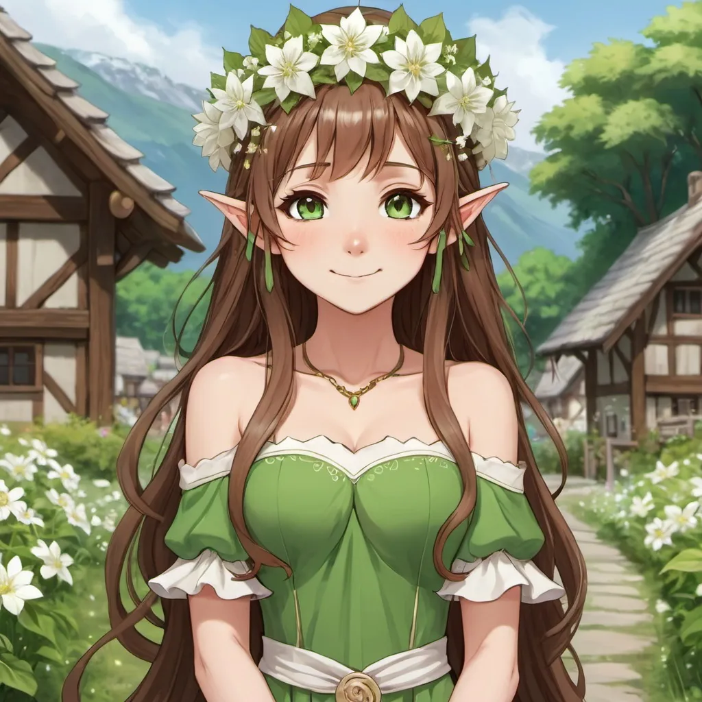 Prompt: elf,female,brown hair,long hair,white flowers crown,flower dress,green dress,young,gorgeous,healer,happy,felves village background,brown eyes,anime style