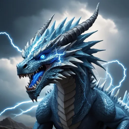 Prompt: Electric dragon with electric aura,massive,light blue skin,big jaw,flying,thunderbolt,long spiky tail,dark blue eyes