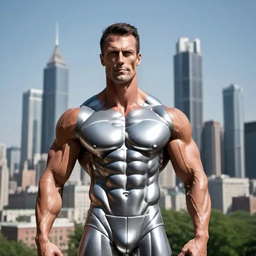 Prompt: muscular man,tall,made out of tin,city background