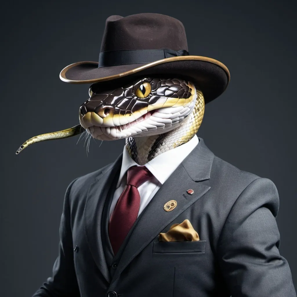 Prompt: snake wearing a hat and a suit,rifle