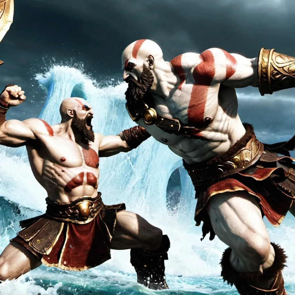 Prompt: Kratos smashing down Poseidon