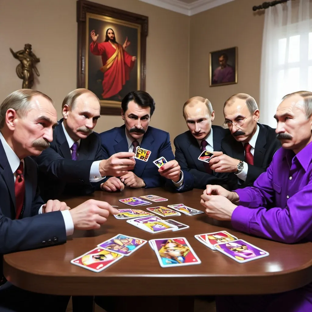 Prompt: jesus,stalin,putin,waluigi,jojo's bizzare adventure style,playing UNO