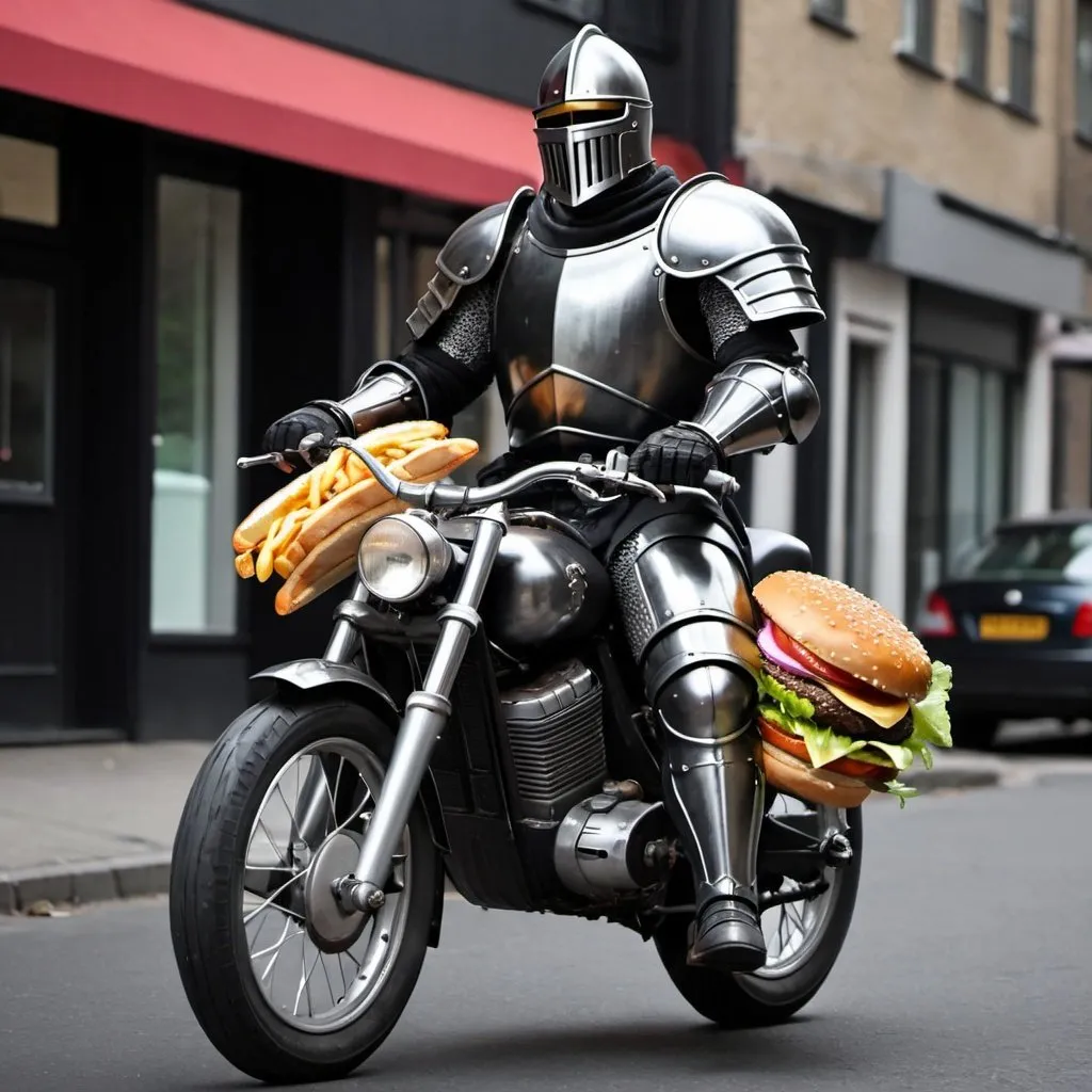 Prompt: Knight,Black armour,on a bike,holding a cheeseburger