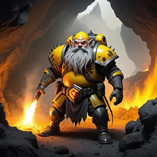 Prompt: dwarf,in a cave,grey beard,flamethrower,yellow armour,alien planet,volcano,smoke,mutant spiders with sharp tooth,