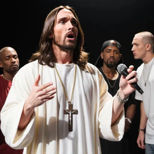 Prompt: jesus doing rap battle against eminem