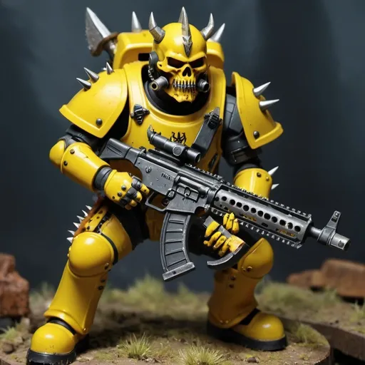 Prompt: warhammer soldier,with a chainsaw and an assault rifle,yellow armour,spikes