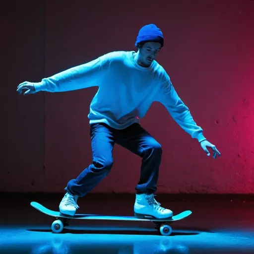 Prompt: Man skating on a blue neon sword