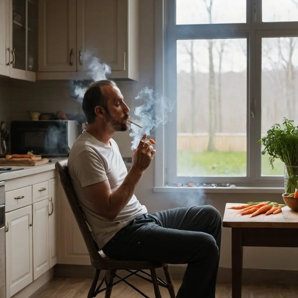 Prompt: Man smoking carrots sitting on a chair,window open behind,kitchen background