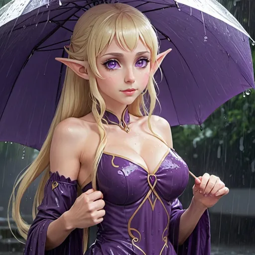 Prompt: Gorgeous,young,elf,translucid dress,during the rain,blonde,purple eyes,anime style,big mommy milkers