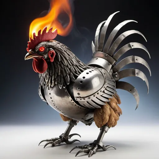 Prompt: chicken with head on fire,smoking,made out of steel,big claws,red eyes,menacing
