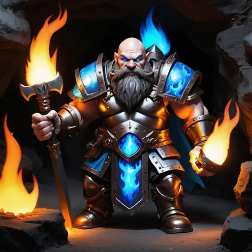 Prompt: shadow dwarf,blacksmith,flaming blue eyes,bronze armour,cave background