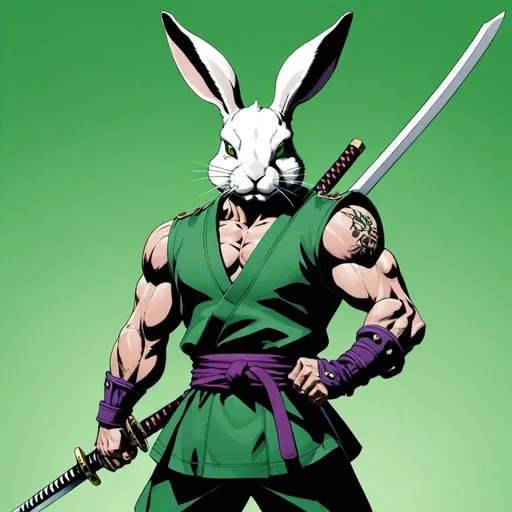 Prompt: jojo's bizzare adventure style,rabbit,human body,muscular,two katanas in hand,menacing,green background,tall,samurai armour