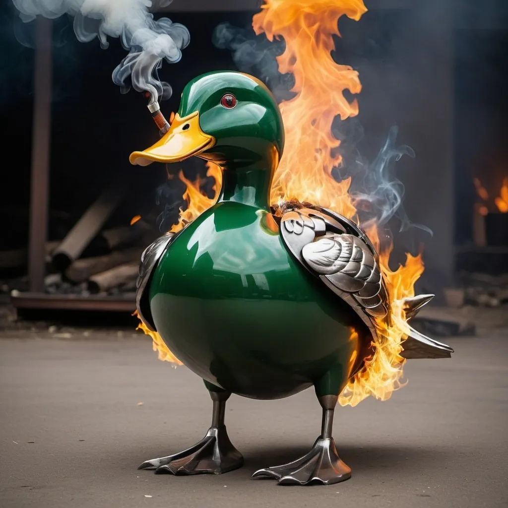 Prompt: duck with head on fire,smoking,made out of steel,green eyes,big claws,