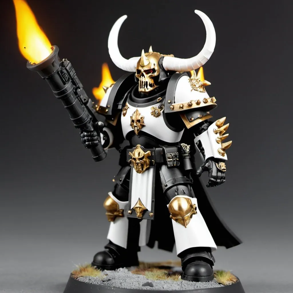 Prompt: Warhammer soldier with a flamethrower,black and white armour with gold parts,horns