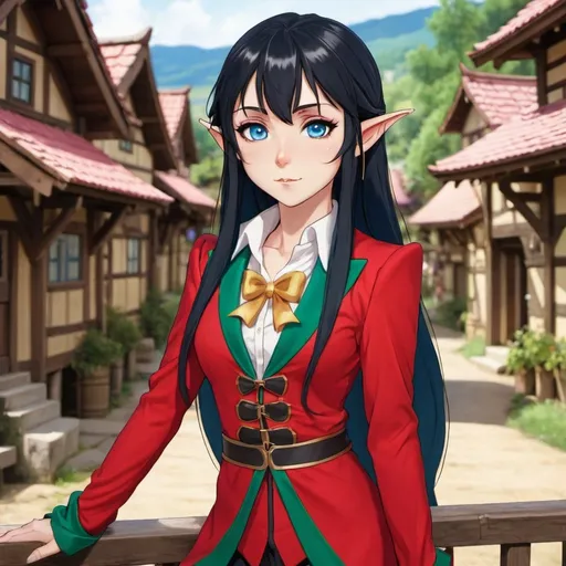 Prompt: elf,female,kunoichii,black hair,blue eyes,red and gold suit,gorgeous,young,cute,anime style,long hair,elves village background,