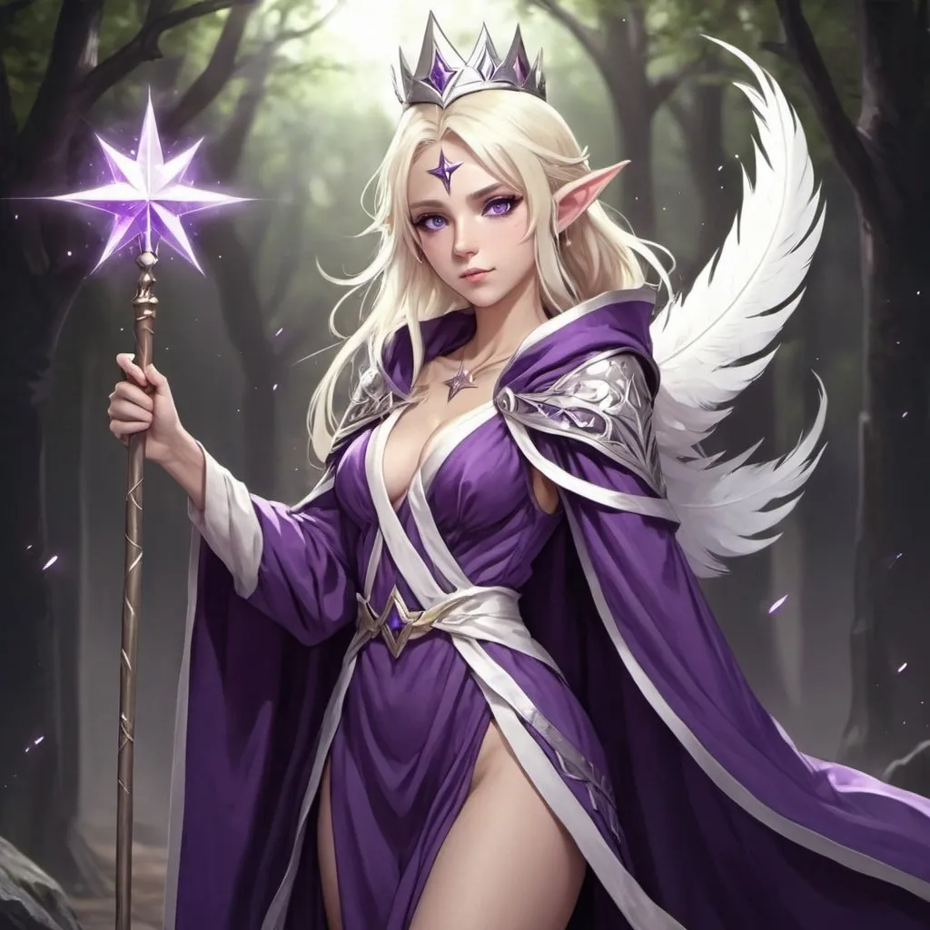 Prompt: mage,elf,female,blonde,silver crown,silver staff with star at the end,purple robe with white feathers,purple eyes,anime style