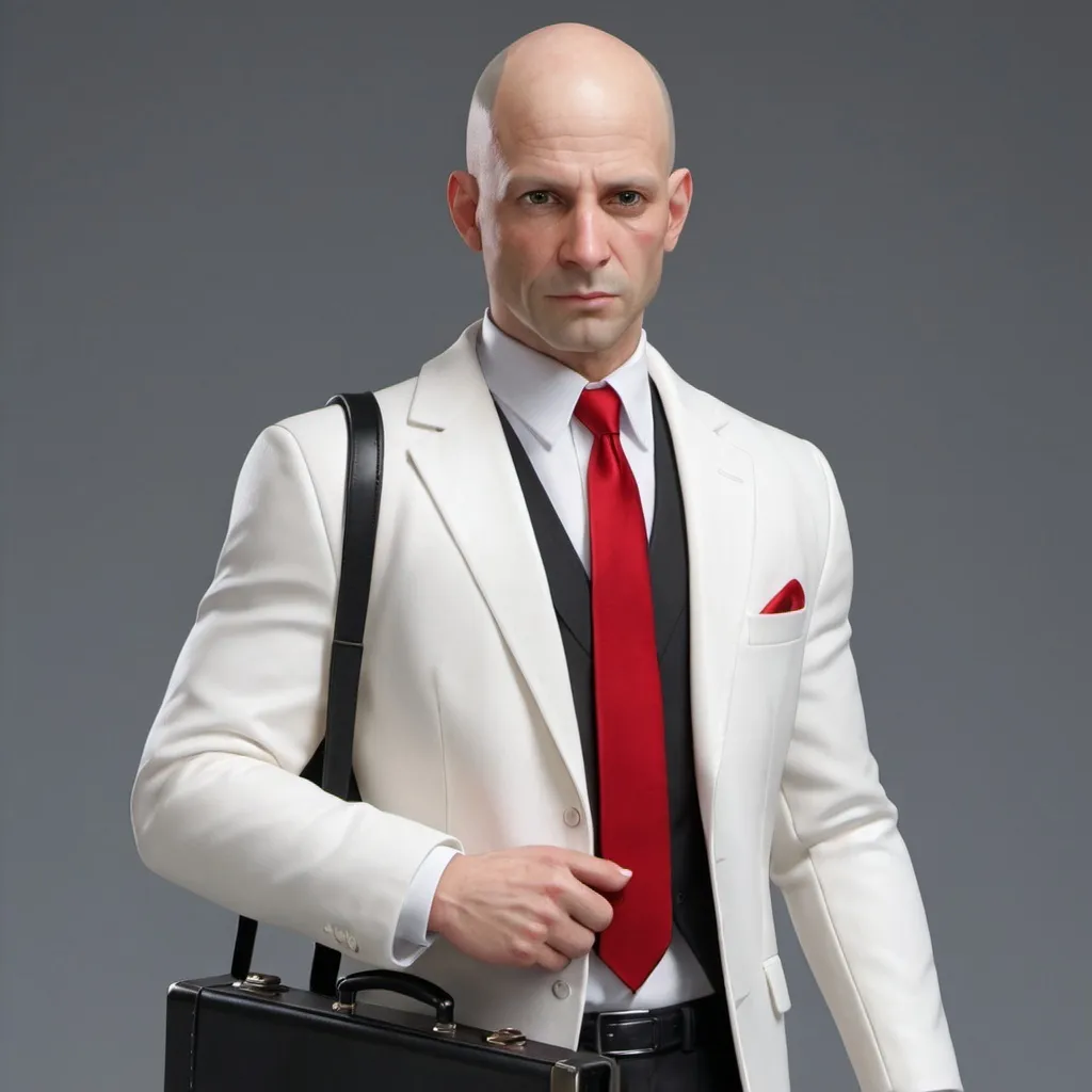 Prompt: ultra realistic,bald man,wearing black suit,red tie,white jacket,briefcase in hand