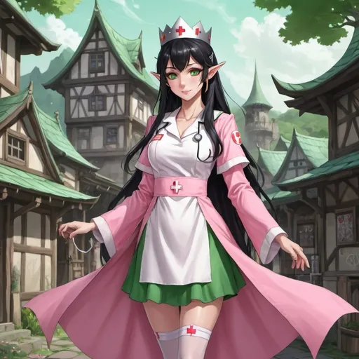 Prompt: nurse,elf,female,black hair,silver crown,pink robe,green eyes,anime style,full body,elves village background