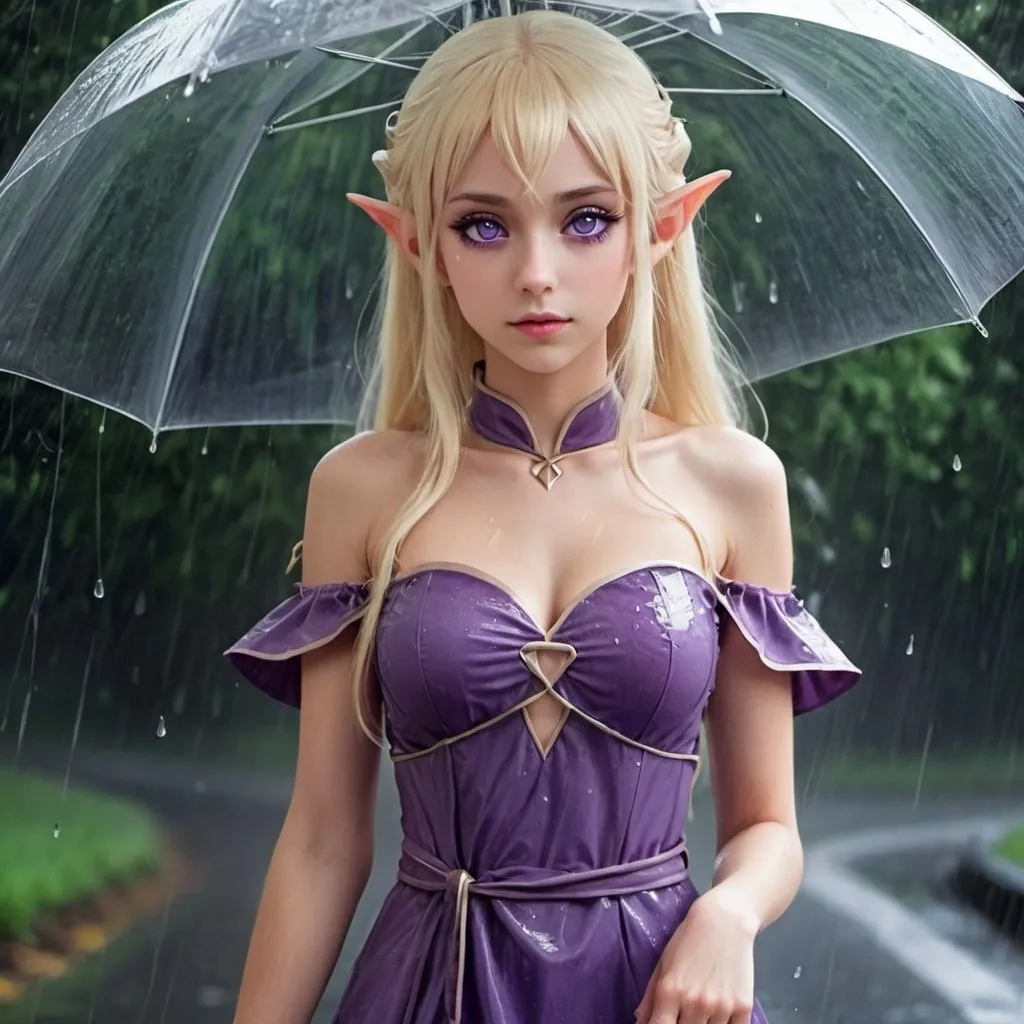 Prompt: Gorgeous,young,elf,translucid dress,during the rain,blonde,purple eyes,anime style