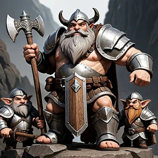 Prompt: dwarves on top of each others,silver armour,brown eyes,,holding a pickaxe