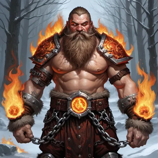 Prompt: fire dwarf,iron chains all along his arms,cold breath,long mettalic beard