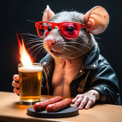 Prompt: Rat with red flame glasses playing ps5,drinking beer,buzzcut,sausages