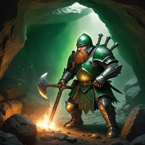 Prompt: dwarf knight fighting against spiders,in a cave,green light,mithril armour,axe on fire