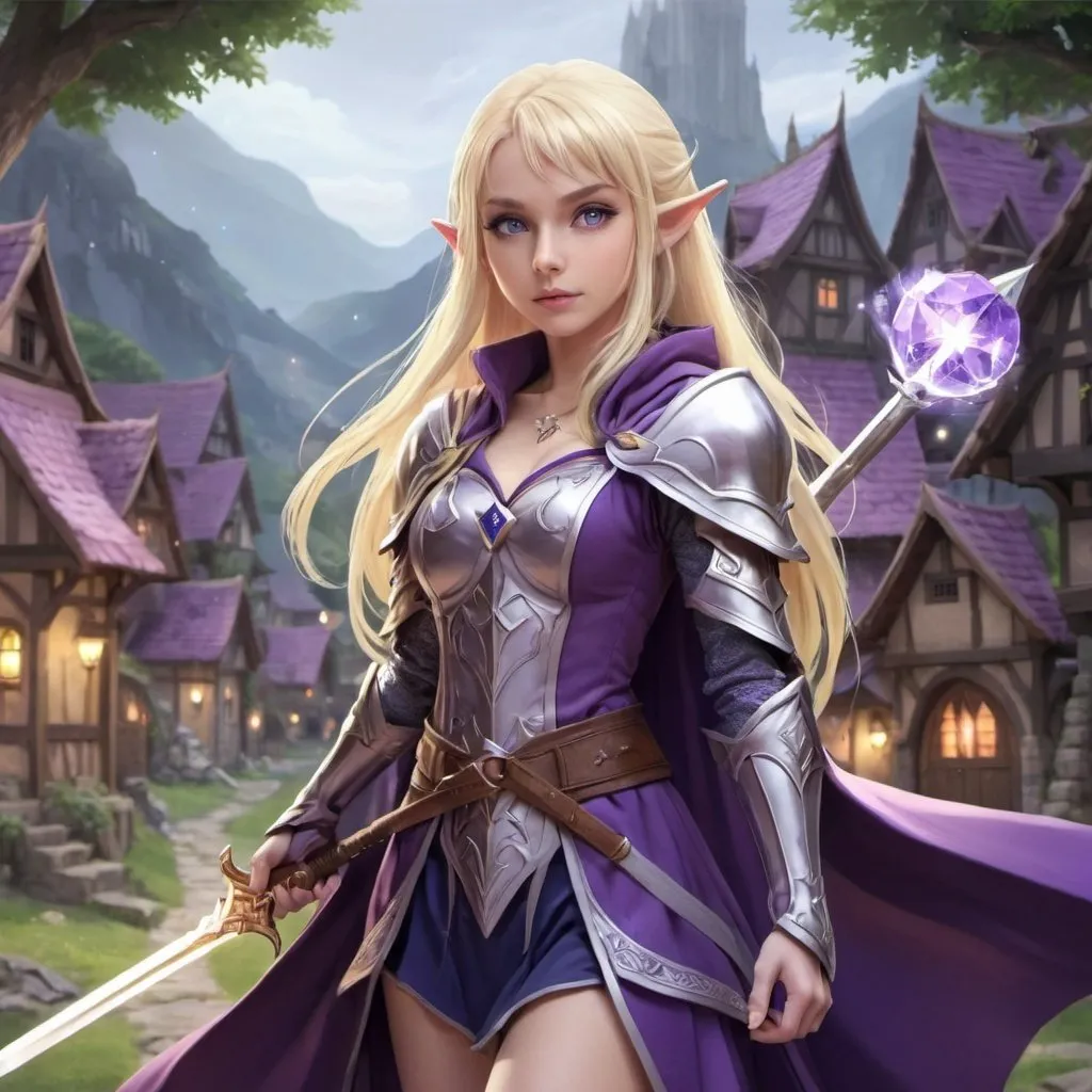 Prompt: sorcerer,elf,female,blonde,grey eyes,light armour,magical purple coat,magical sapphire sword,gorgeous,young,anime style,elves village background