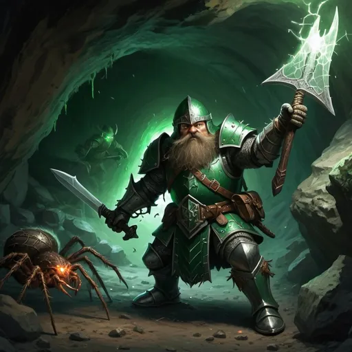 Prompt: dwarf knight fighting against spiders,in a cave,green light,mithril armour,ax