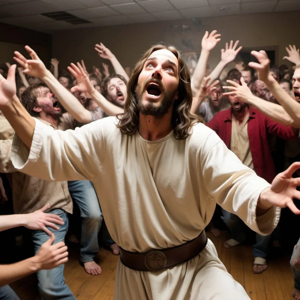 Prompt: jesus doing the harlem shake on a dancefloor full of zombies