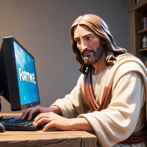 Prompt: jesus playing Fortnite on pc 