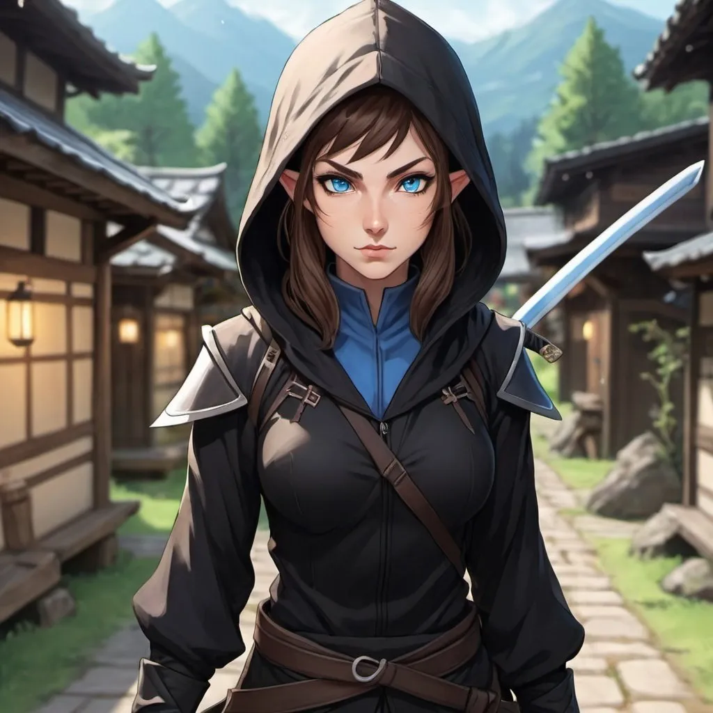 Prompt: ninja,elf,female,brown hair,blue eyes,black suit,hood,anime style,katanas in hand,elves village background,gor