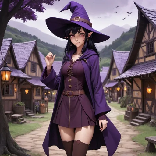 Prompt: witch,elf,female,black hair,dark purple hat ,dark purple coat,brown eyes,anime style,full body,elves village background,