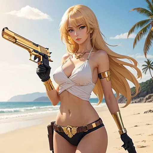 Prompt: gorgeous woman with a golden desert eagle,on a beach,anime style