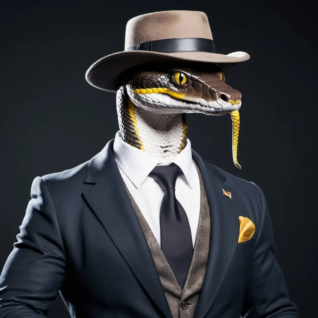 Prompt: snake wearing a hat and a suit,rifle