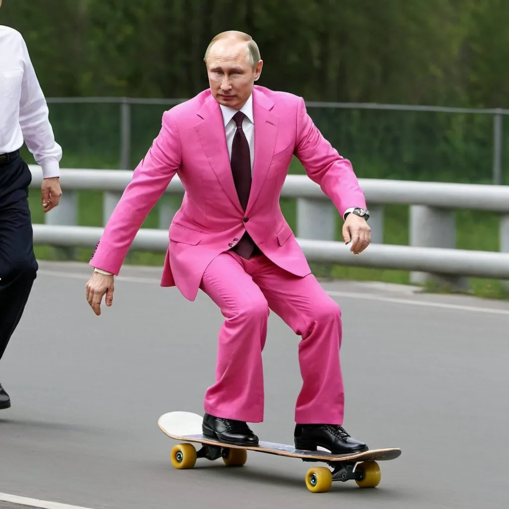 Prompt: Putin on pink suit skateboarding