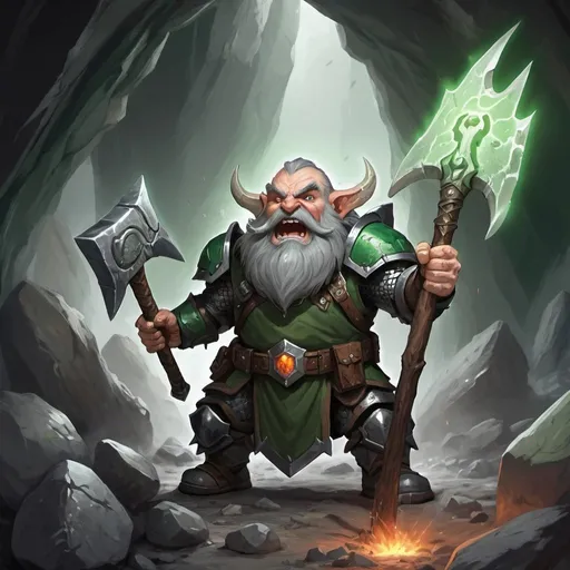 Prompt: cave,dwarf holding his pickaxe,grey beard,draconic armour,with a plasma rifle,yelling Rock and Stone to the bones,grey and green armour