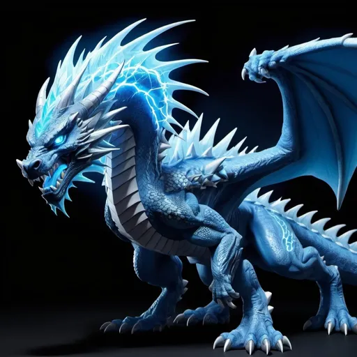 Prompt: Electric dragon with electric aura,massive,light blue skin,big jaw,flying,thunderbolt,long spiky tail,dark blue eyes,full body