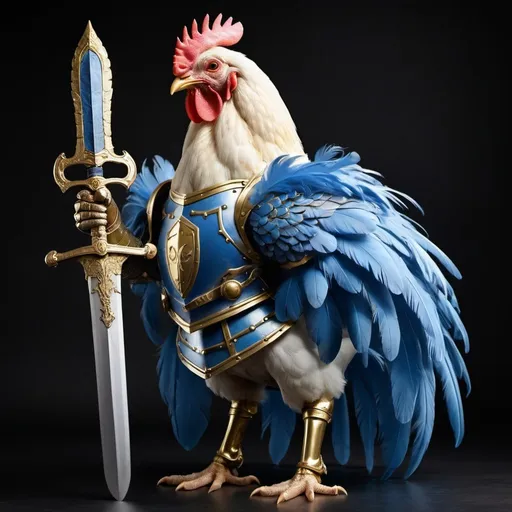 Prompt: knight,golden armour blue feather,on a chicken,holding a sword