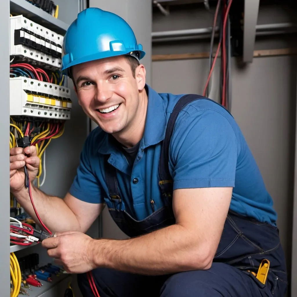 Prompt: happy electrician providing a service