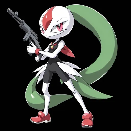 Prompt: joj's bizzare adventure style,pokemon gardevoir from pokemon ruby with ak-47,black background