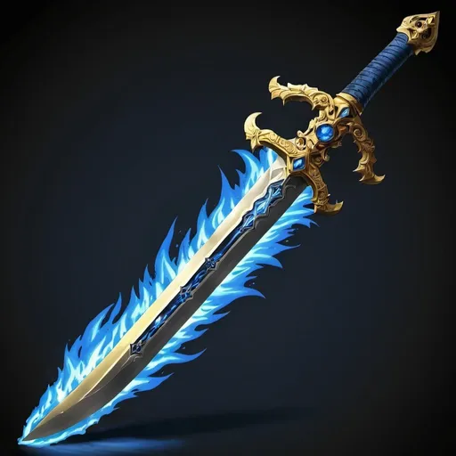 Prompt: blade,blue flame on blade,gold blade,sword