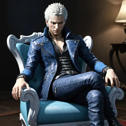 Prompt: Vergil from devil may cry 5 sitting on a plastic chair,holding the yamato in his hand