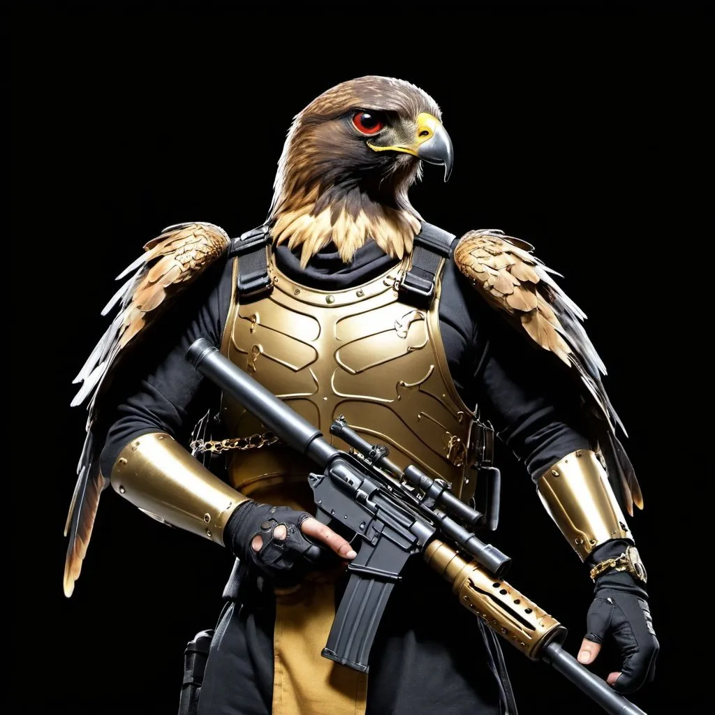 Prompt: Hawk,human body,holding rpg-7 in hand,black background,eye patch,knee armour,gold chains on neck