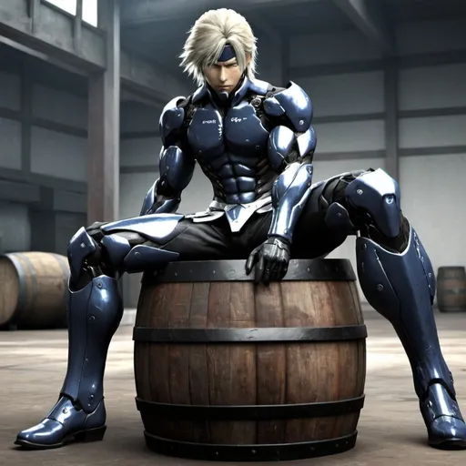 Prompt: standin here i realize,raiden from metal gear rising revengeance,sitting on a barrel,yamato on back
