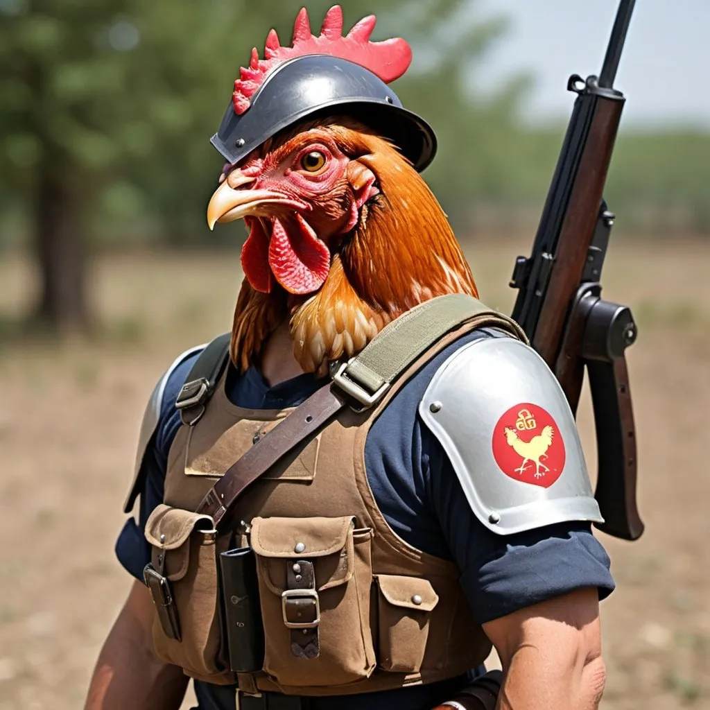 Prompt: Chicken,Gigachad,ammunition belt,war helmet,shotgun,