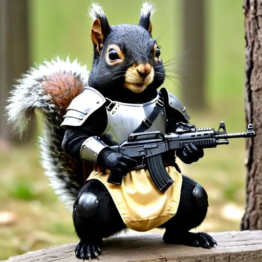 Prompt: squirrel,knight black armour,with ak-47